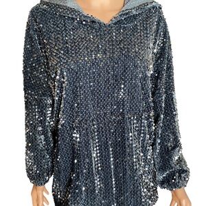 Sequin Hooded Top in Shimmering blue silver XL
